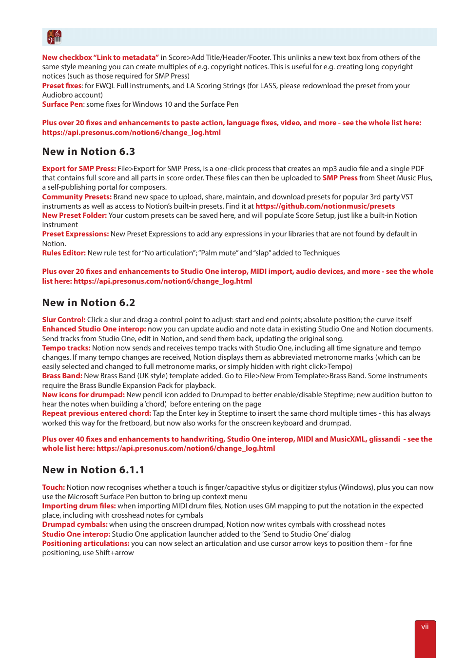 What's new in notion 6.x, New in notion 6.3, New in notion 6.2 | New in notion 6.1.1 | PreSonus Notion 6 - Notation Software (Boxed) User Manual | Page 7 / 292