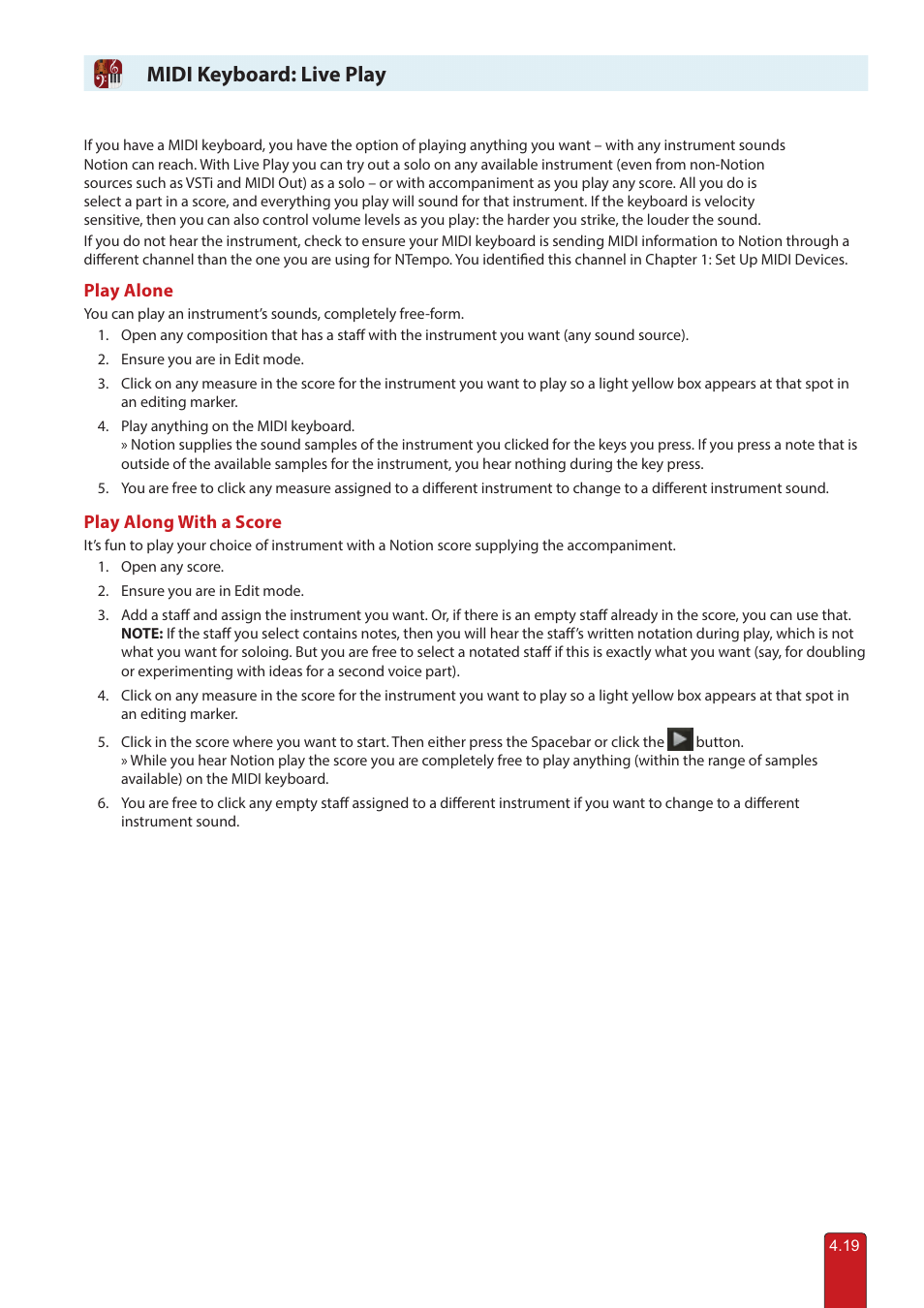 Midi keyboard live play, Midi keyboard: live play | PreSonus Notion 6 - Notation Software (Boxed) User Manual | Page 74 / 292