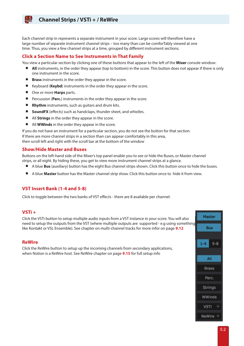 Channel strips, Vsti / rewire, Channel strips / vsti + / rewire | PreSonus Notion 6 - Notation Software (Boxed) User Manual | Page 76 / 292