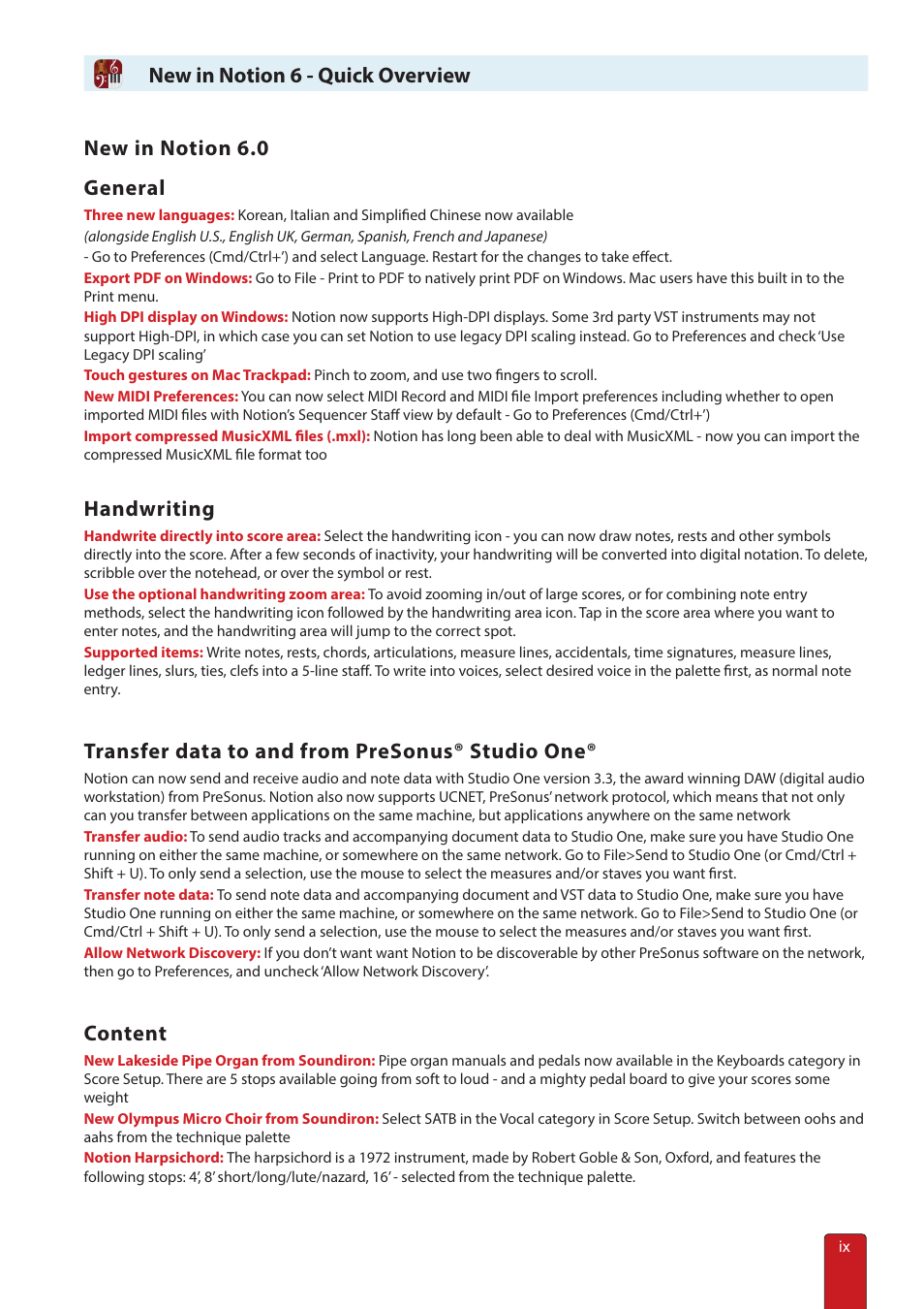 New in notion 6 - overview, New in notion 6.0 general, Handwriting | Transfer data to and from presonus® studio one, Content, New in notion 6 - quick overview | PreSonus Notion 6 - Notation Software (Boxed) User Manual | Page 9 / 292