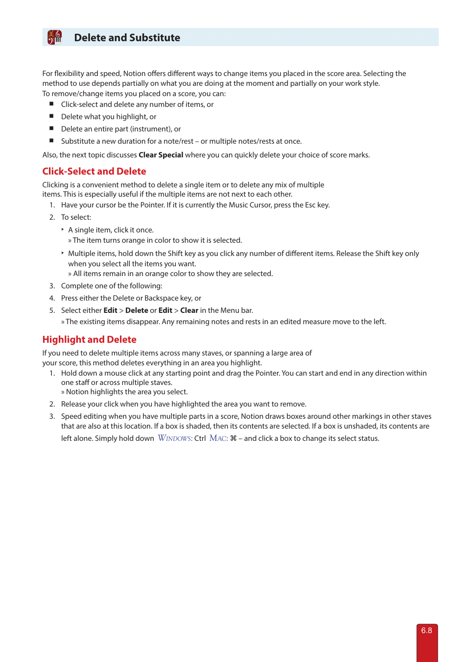 Delete and substitute, Click-select and delete, Highlight and delete | PreSonus Notion 6 - Notation Software (Boxed) User Manual | Page 95 / 292