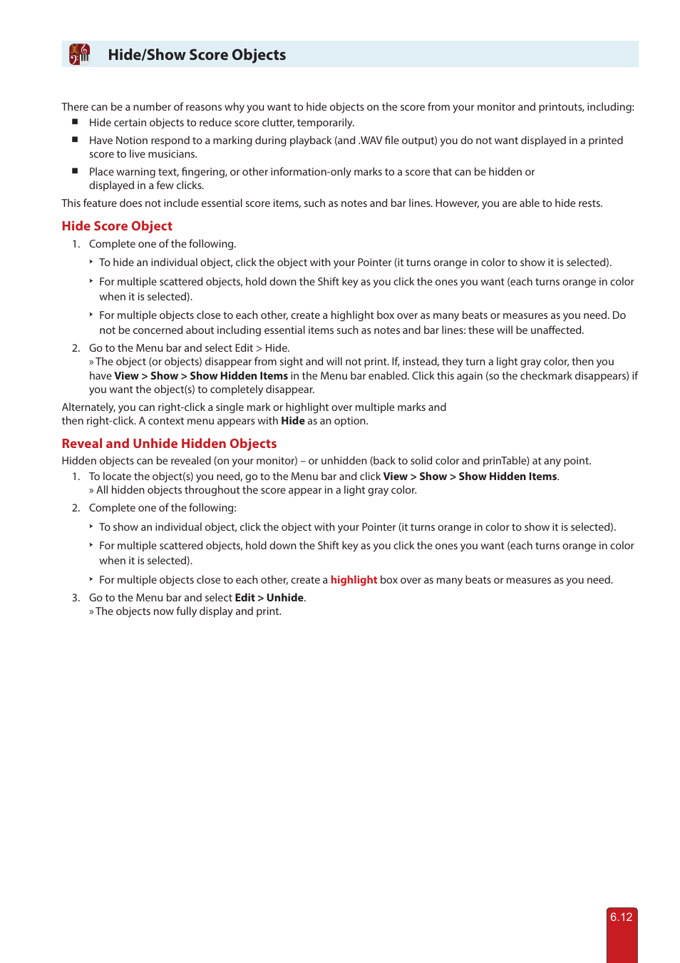 Hide/show score objects | PreSonus Notion 6 - Notation Software (Boxed) User Manual | Page 99 / 292