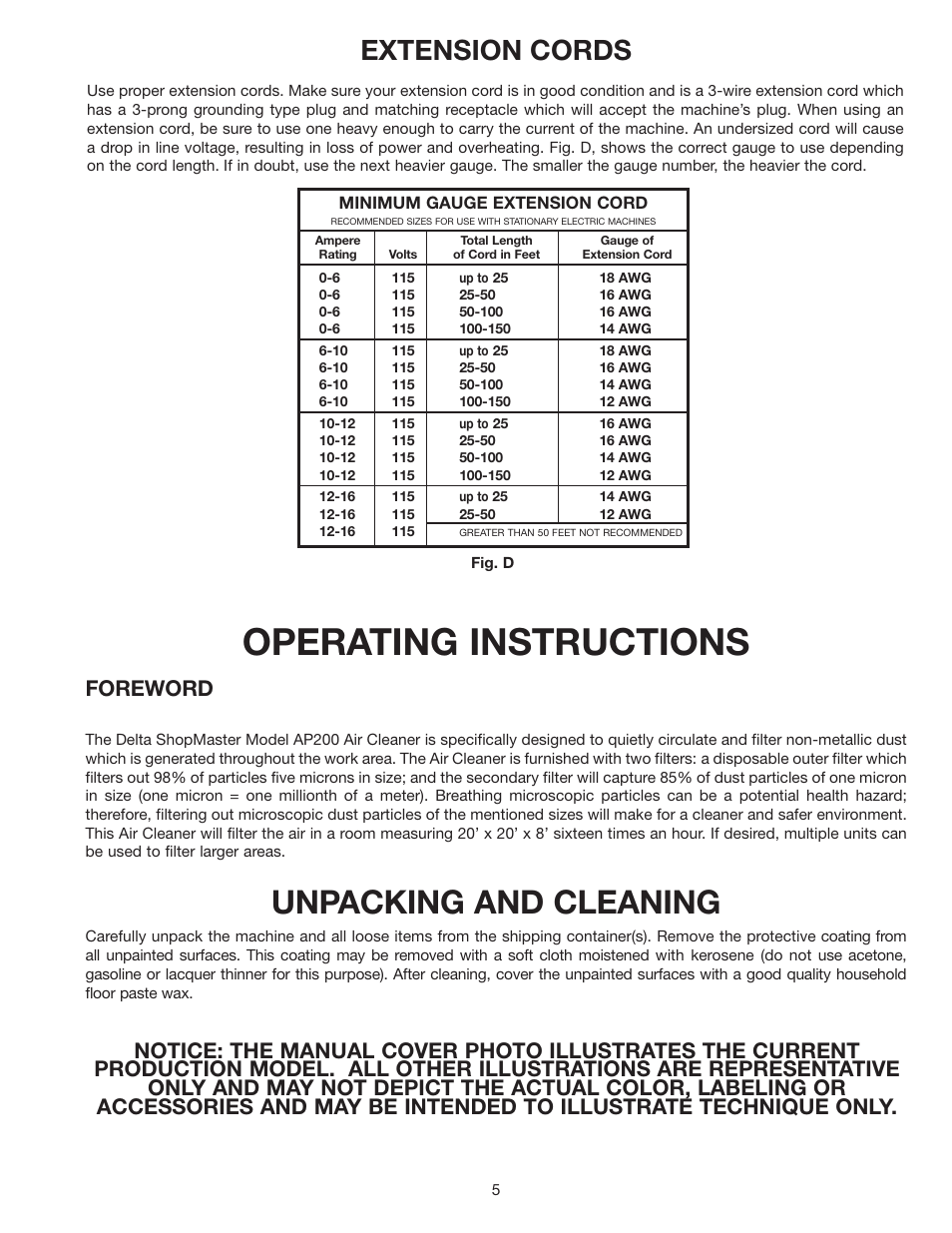 Operating instructions, Unpacking and cleaning, Extension cords | Foreword | Delta AP200 User Manual | Page 5 / 12