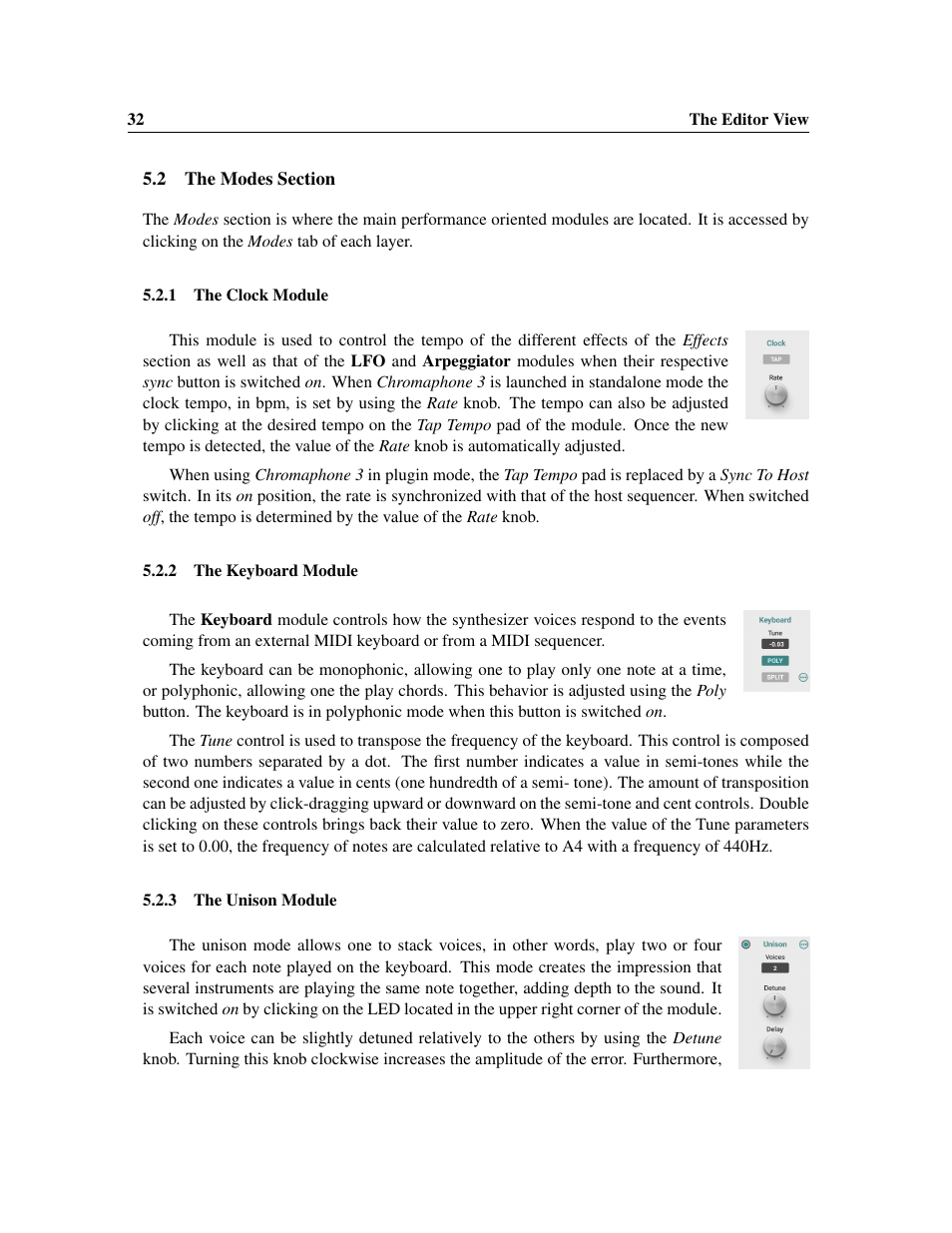 The modes section, The clock module, The keyboard module | The unison module | Applied Acoustics Systems Chromaphone 3 Upgrade Acoustic Object Synthesizer Plug-In (Download) User Manual | Page 32 / 83