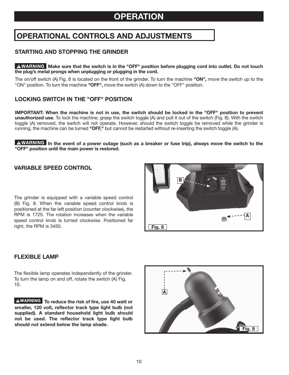 Operation, Operational controls and adjustments | Delta 8" VARIABLE SPEED GRINDER GR450 User Manual | Page 10 / 44