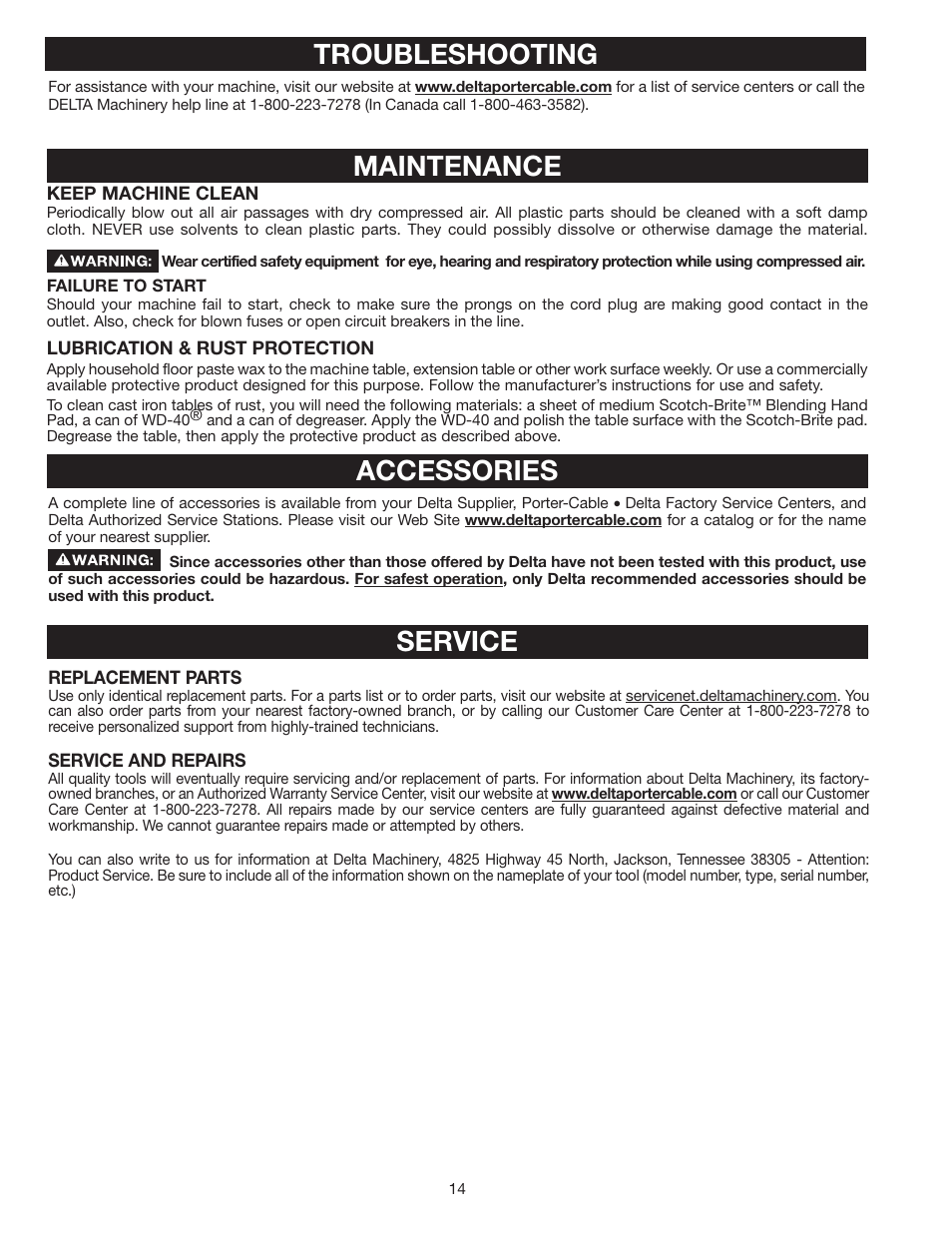 Troubleshooting, Maintenance, Accessories service | Delta 8" VARIABLE SPEED GRINDER GR450 User Manual | Page 14 / 44