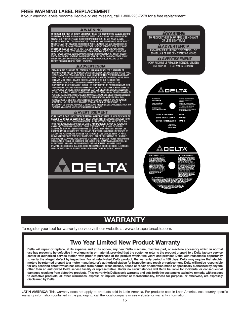 Warranty, Two year limited new product warranty, Free warning label replacement | Delta 8" VARIABLE SPEED GRINDER GR450 User Manual | Page 15 / 44