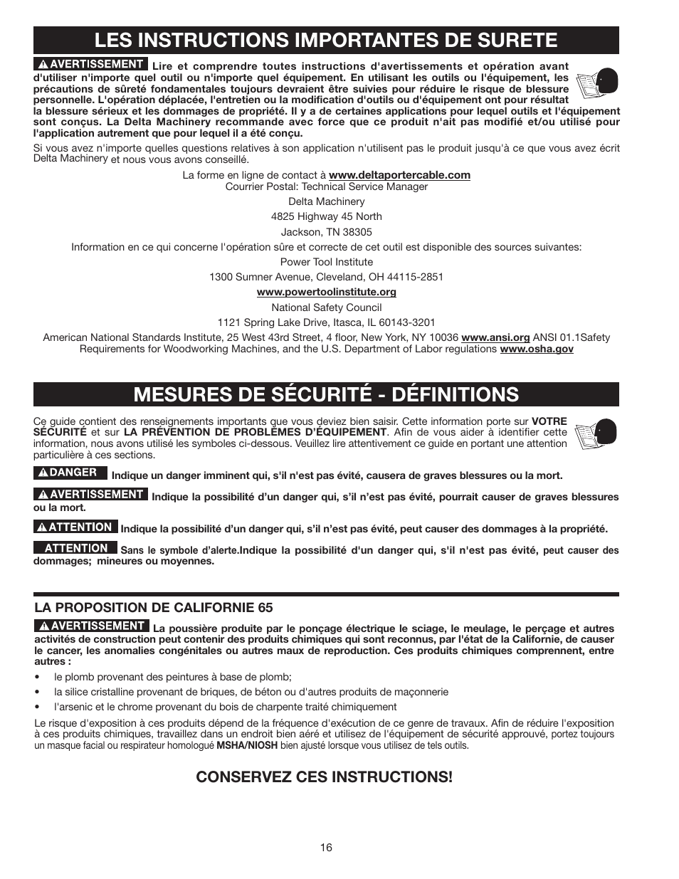 Mesures de sécurité - définitions, Les instructions importantes de surete, Conservez ces instructions | Delta 8" VARIABLE SPEED GRINDER GR450 User Manual | Page 16 / 44