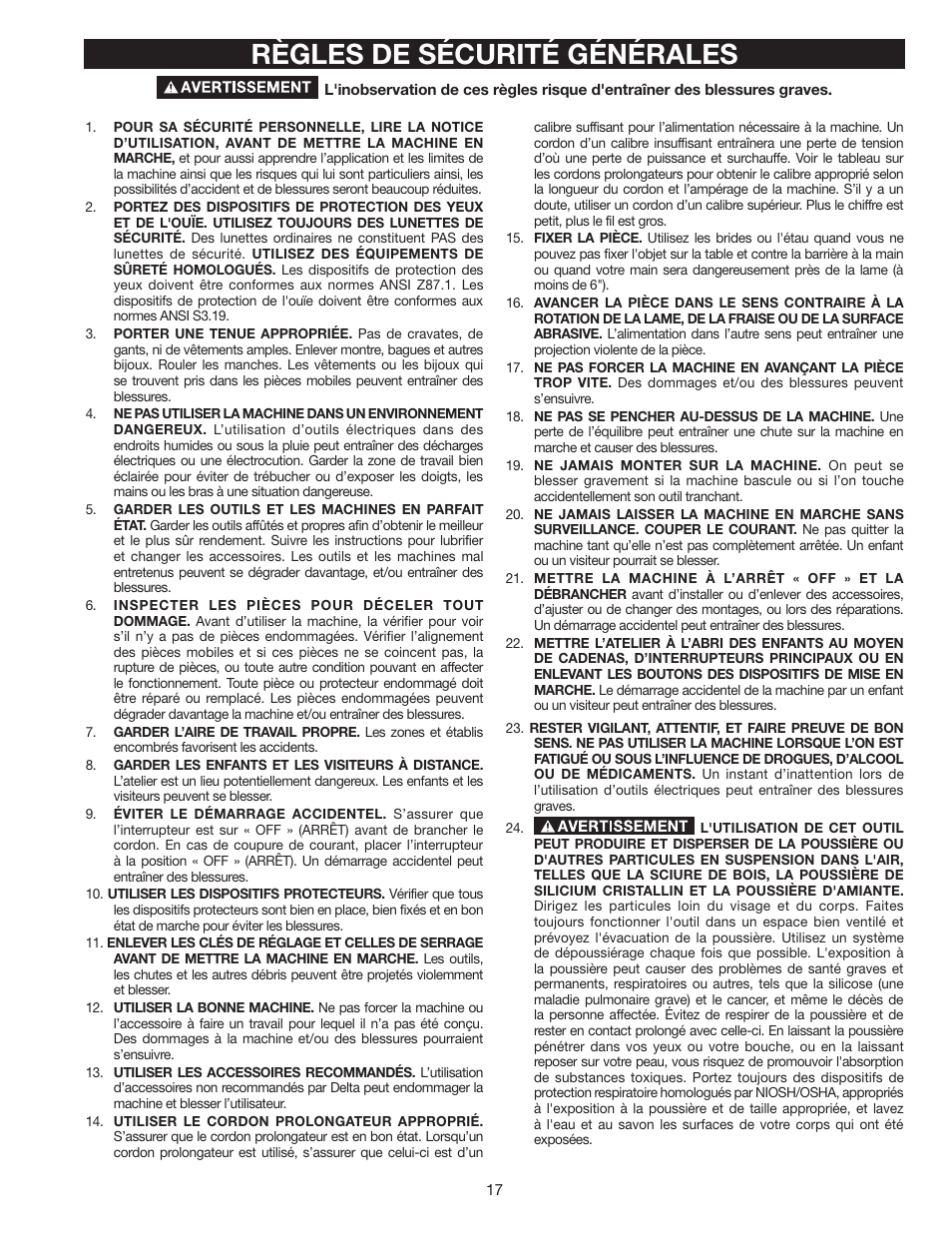 Règles de sécurité générales | Delta 8" VARIABLE SPEED GRINDER GR450 User Manual | Page 17 / 44