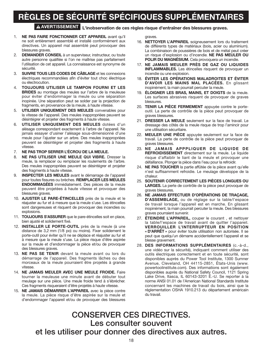 Règles de sécurité spécifiques supplémentaires | Delta 8" VARIABLE SPEED GRINDER GR450 User Manual | Page 18 / 44