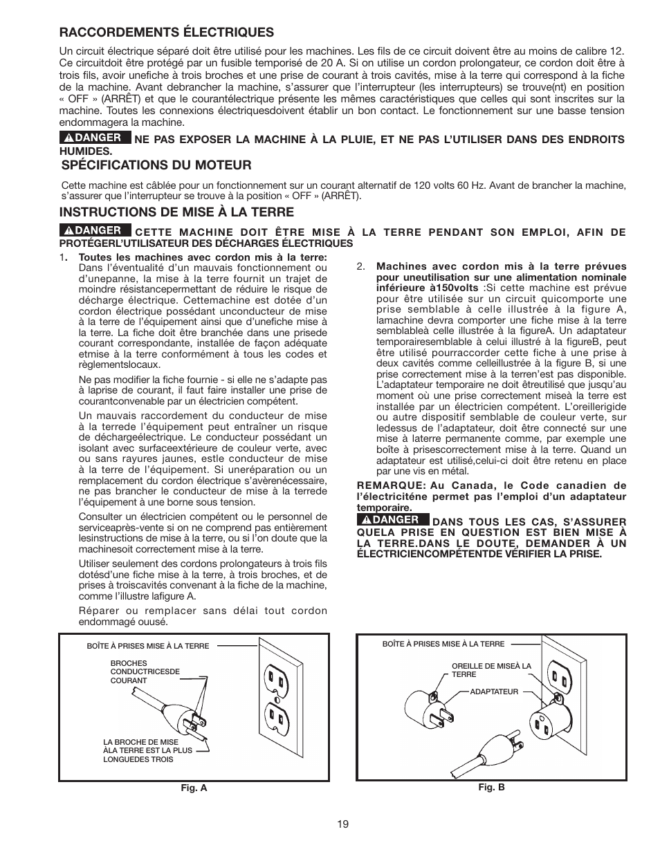 Raccordements électriques, Instructions de mise à la terre, Spécifications du moteur | Delta 8" VARIABLE SPEED GRINDER GR450 User Manual | Page 19 / 44