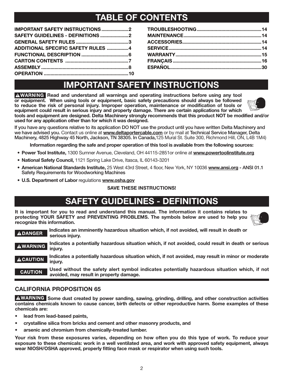 Delta 8" VARIABLE SPEED GRINDER GR450 User Manual | Page 2 / 44