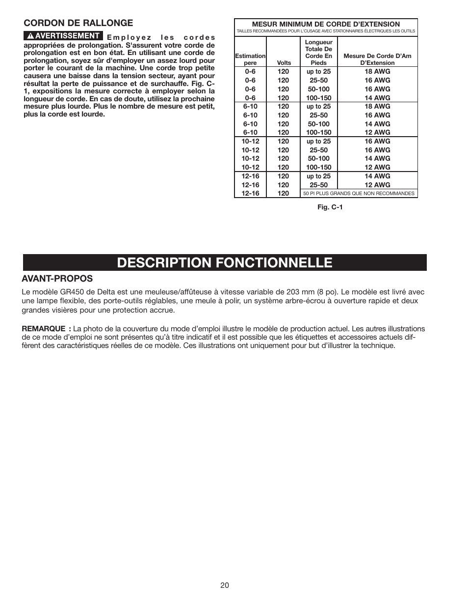 Description fonctionnelle, Cordon de rallonge, Avant-propos | Delta 8" VARIABLE SPEED GRINDER GR450 User Manual | Page 20 / 44