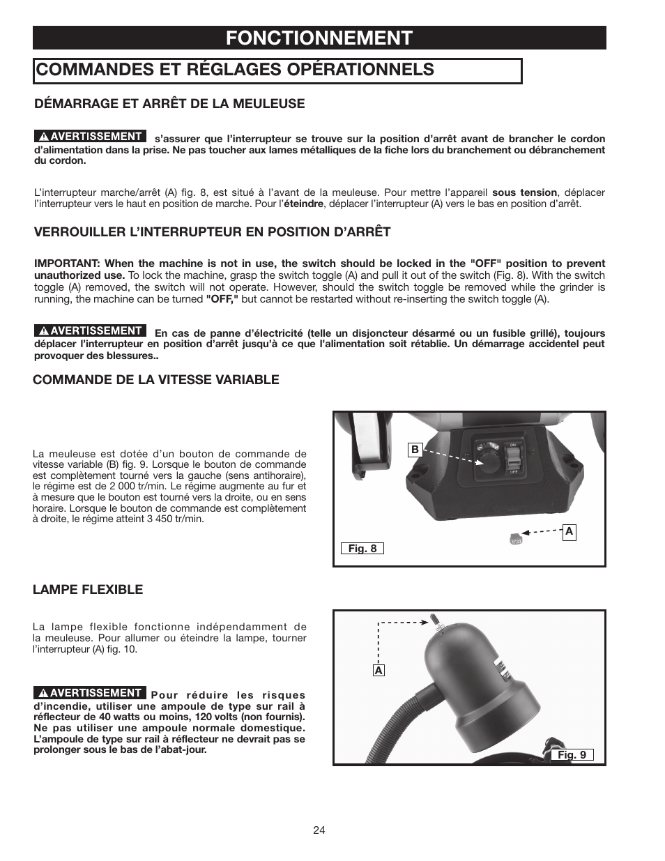 Fonctionnement, Commandes et réglages opérationnels | Delta 8" VARIABLE SPEED GRINDER GR450 User Manual | Page 24 / 44