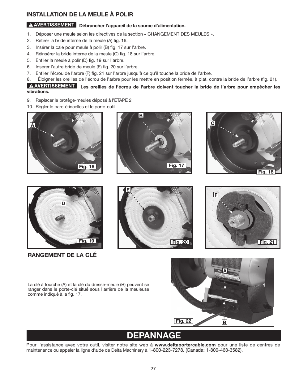 Depannage | Delta 8" VARIABLE SPEED GRINDER GR450 User Manual | Page 27 / 44