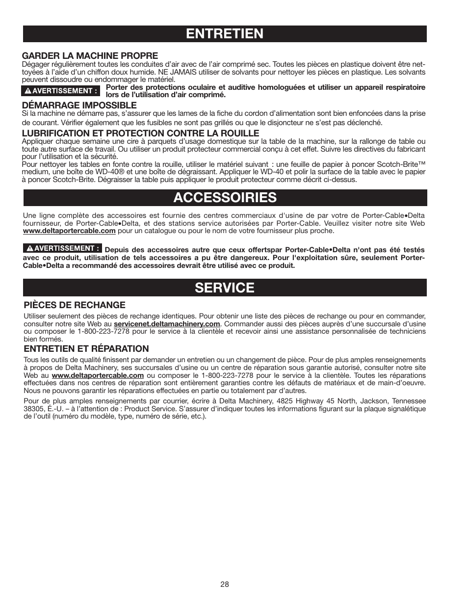 Entretien, Accessoiries, Service | Delta 8" VARIABLE SPEED GRINDER GR450 User Manual | Page 28 / 44