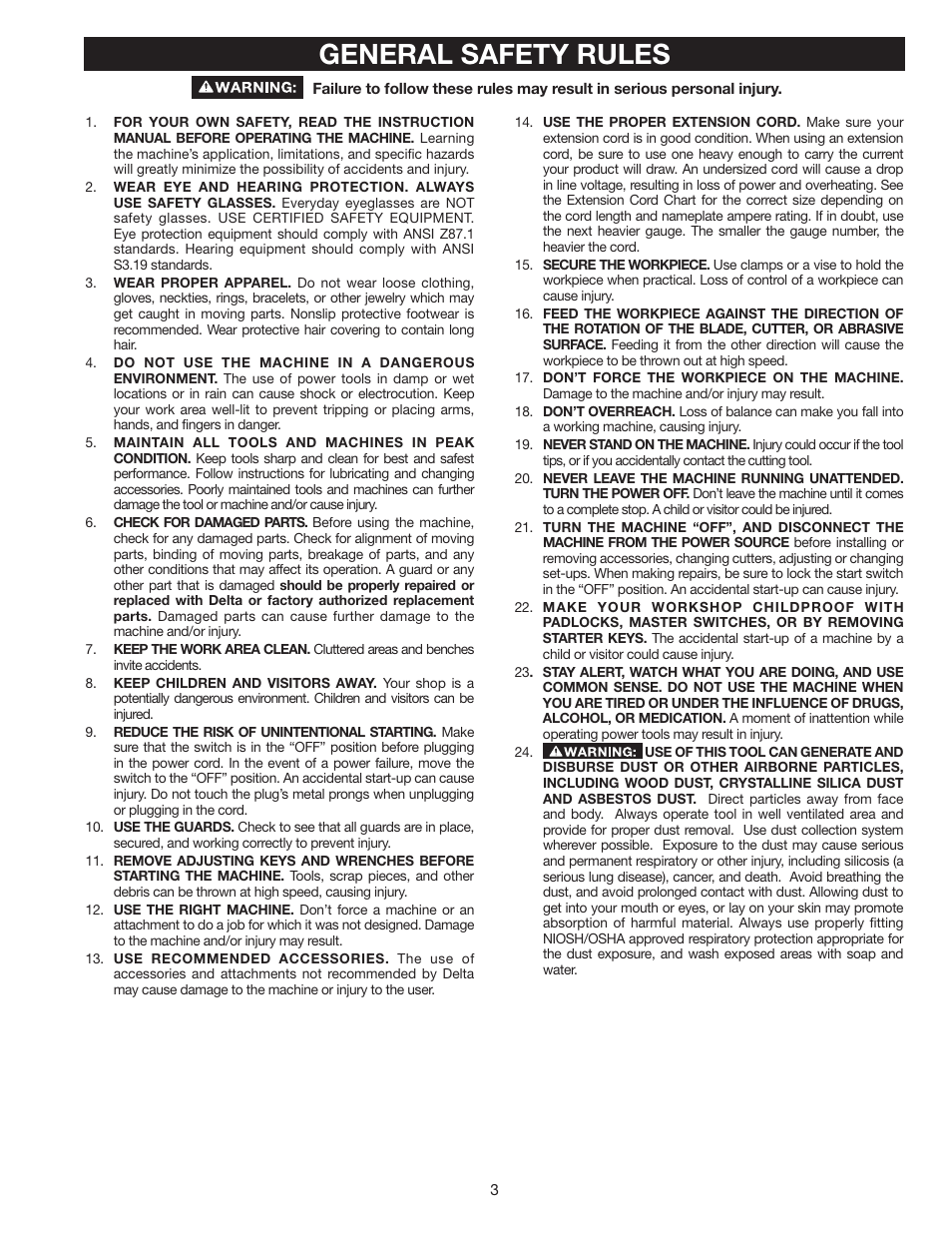 General safety rules | Delta 8" VARIABLE SPEED GRINDER GR450 User Manual | Page 3 / 44