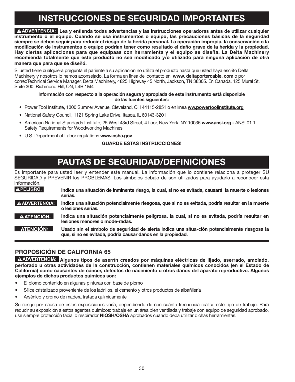 Instrucciones de seguridad importantes, Pautas de seguridad/definiciones | Delta 8" VARIABLE SPEED GRINDER GR450 User Manual | Page 30 / 44