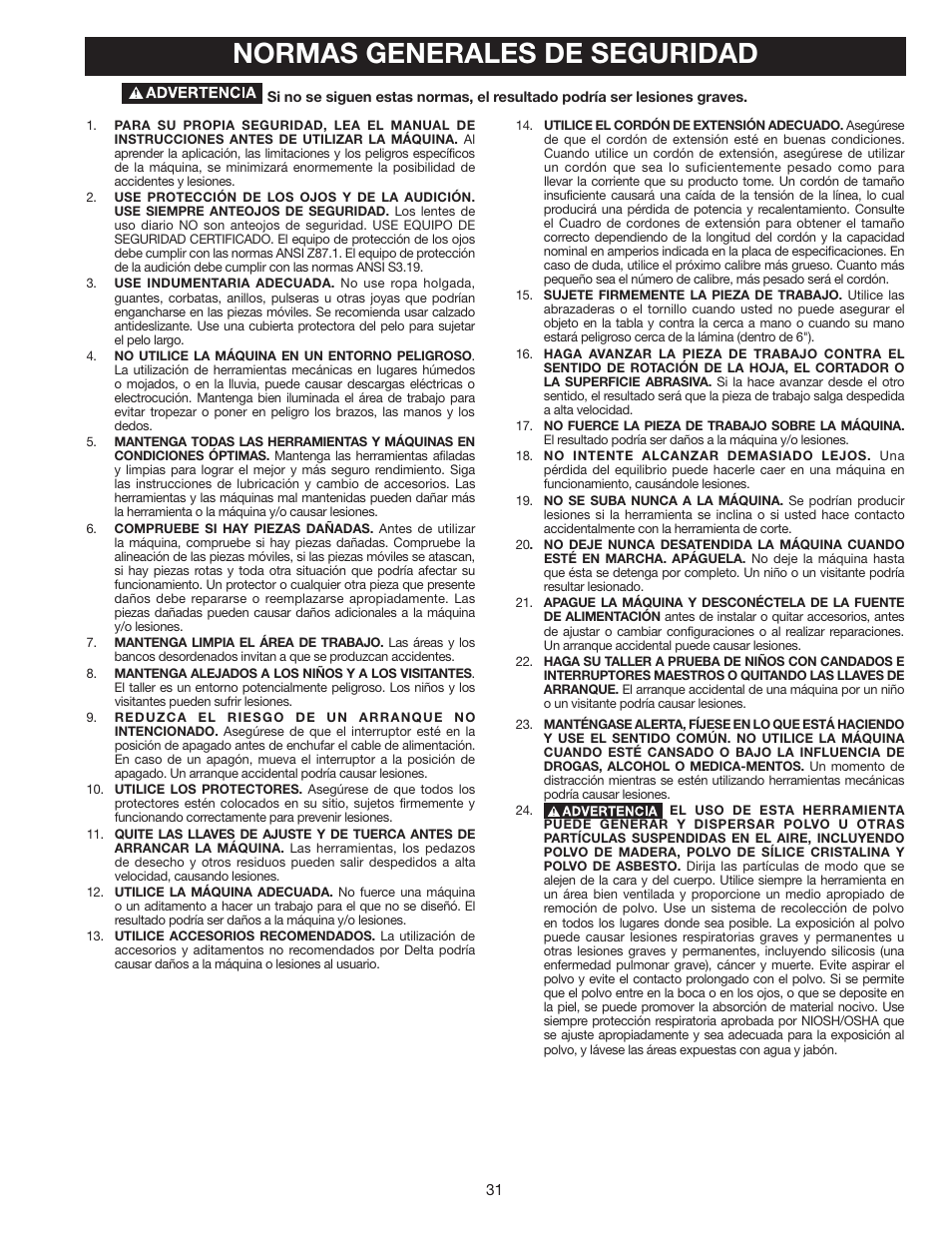 Normas generales de seguridad | Delta 8" VARIABLE SPEED GRINDER GR450 User Manual | Page 31 / 44