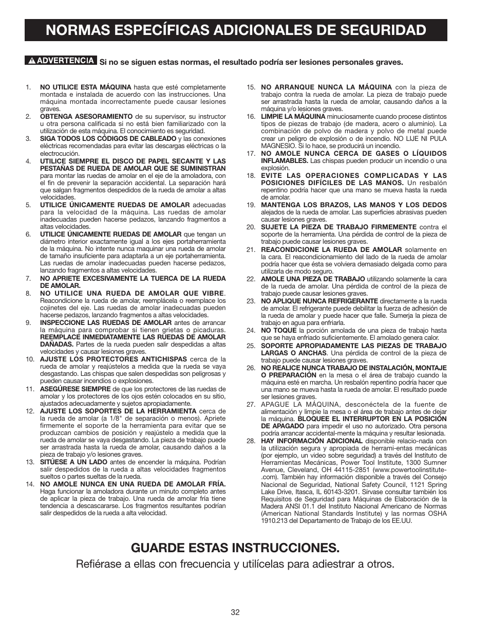 Normas específicas adicionales de seguridad, Guarde estas instrucciones | Delta 8" VARIABLE SPEED GRINDER GR450 User Manual | Page 32 / 44