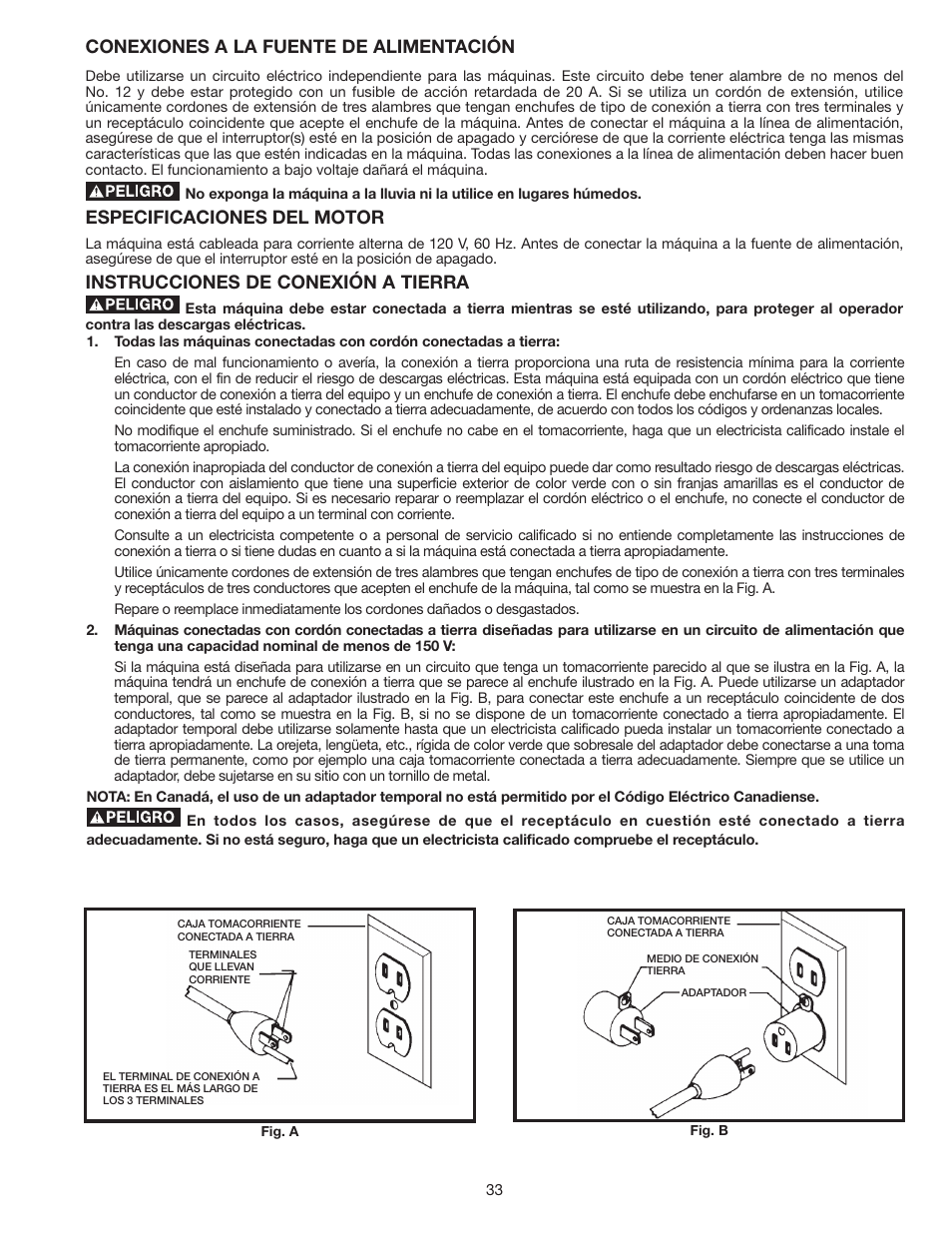 Conexiones a la fuente de alimentación, Especificaciones del motor, Instrucciones de conexión a tierra | Delta 8" VARIABLE SPEED GRINDER GR450 User Manual | Page 33 / 44