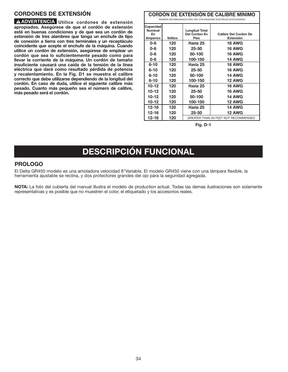 Descripción funcional, Cordones de extensión, Prologo | Delta 8" VARIABLE SPEED GRINDER GR450 User Manual | Page 34 / 44