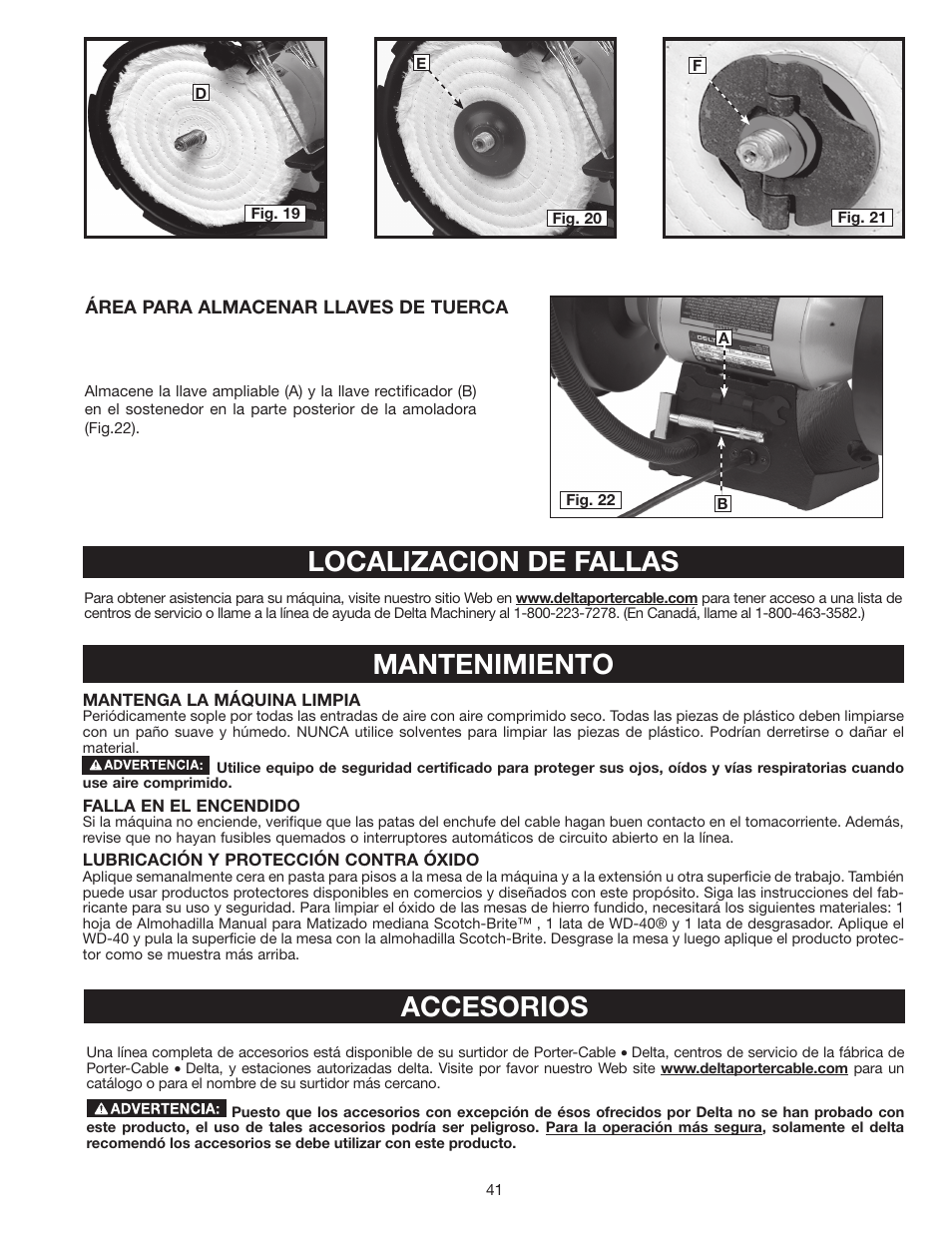 Mantenimiento localizacion de fallas, Accesorios | Delta 8" VARIABLE SPEED GRINDER GR450 User Manual | Page 41 / 44