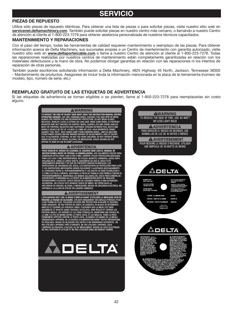 Servicio, Reemplazo gratuito de las etiquetas de advertencia, Piezas de repuesto | Mantenimiento y reparaciones | Delta 8" VARIABLE SPEED GRINDER GR450 User Manual | Page 42 / 44