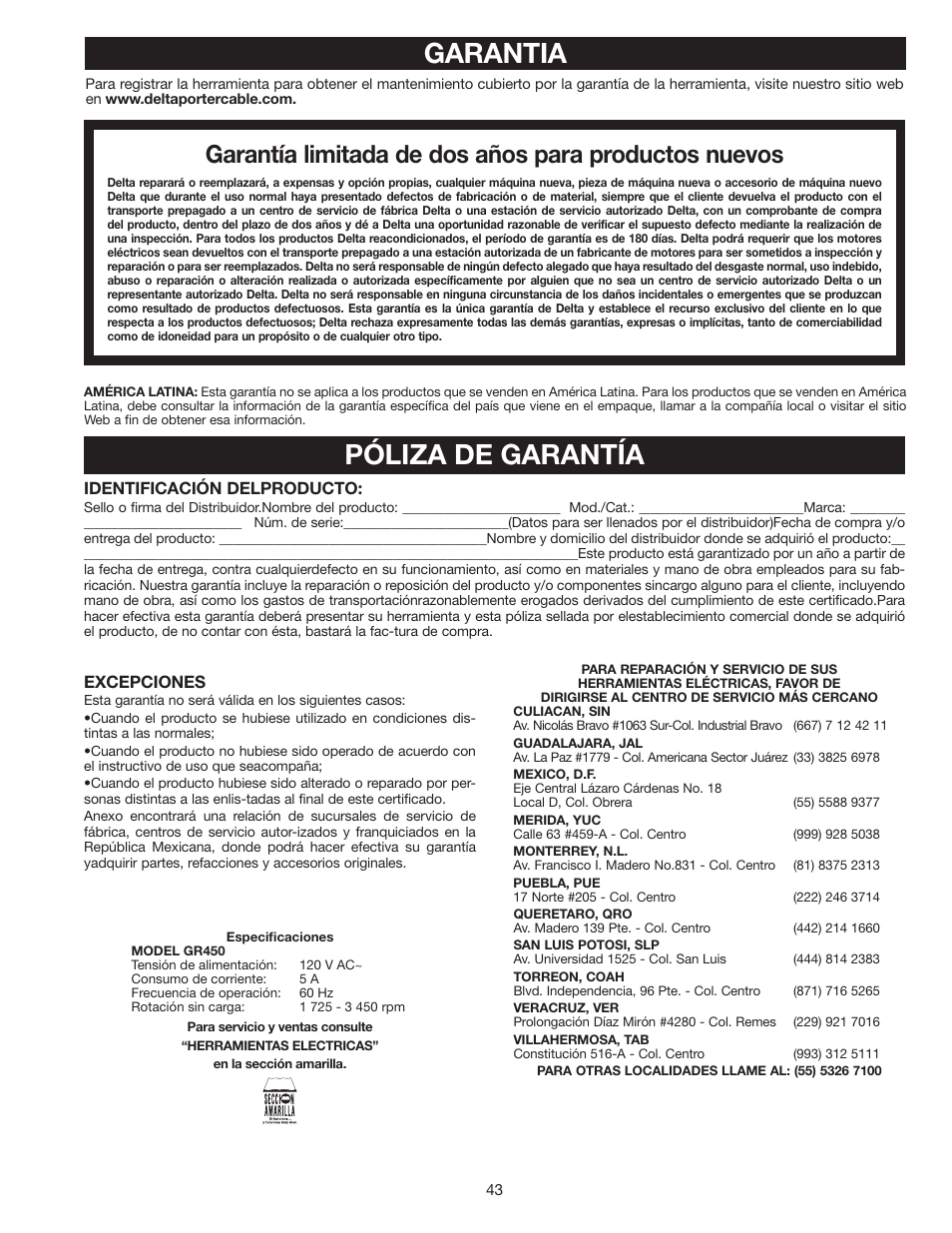 Garantia, Póliza de garantía | Delta 8" VARIABLE SPEED GRINDER GR450 User Manual | Page 43 / 44