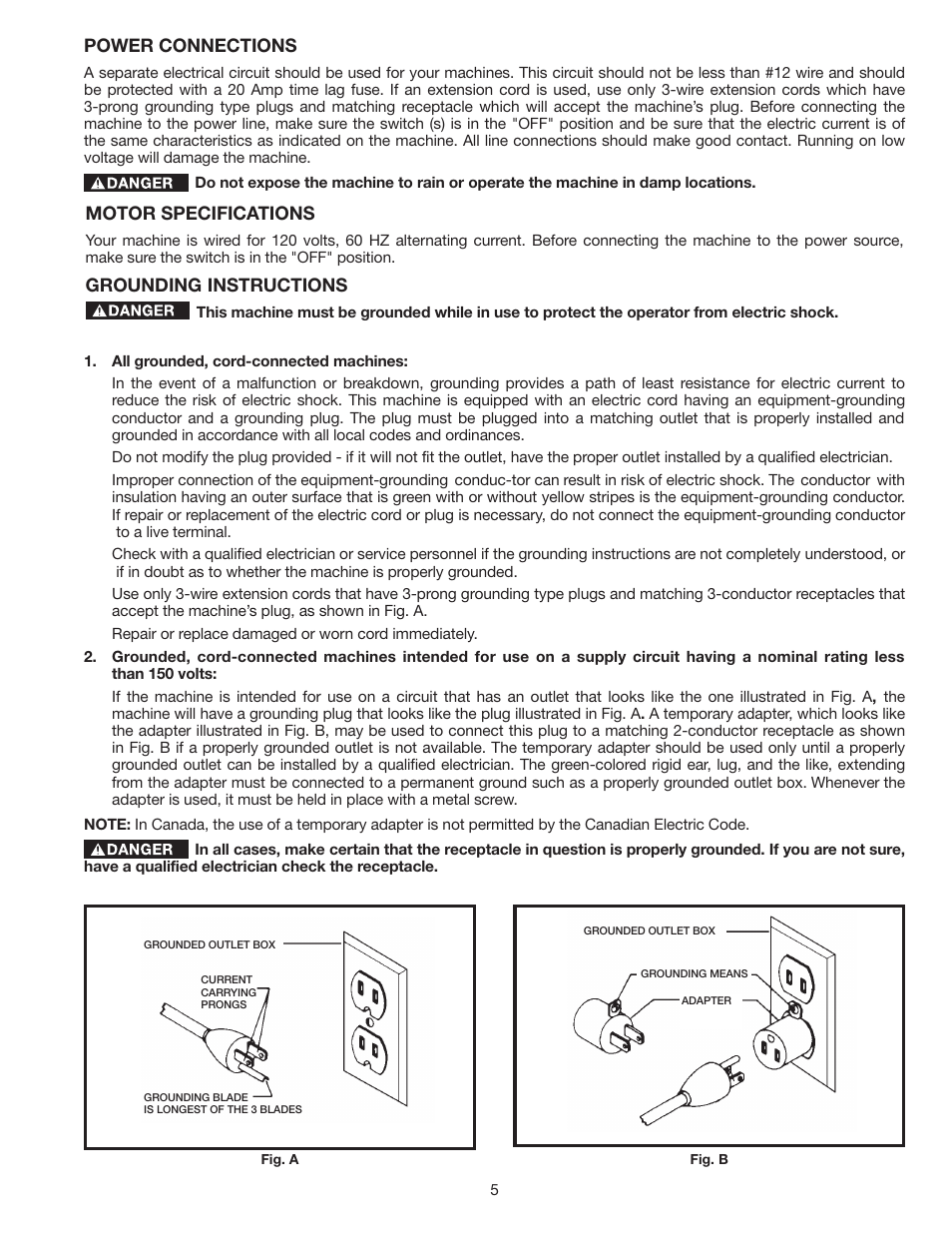 Power connections, Motor specifications, Grounding instructions | Delta 8" VARIABLE SPEED GRINDER GR450 User Manual | Page 5 / 44