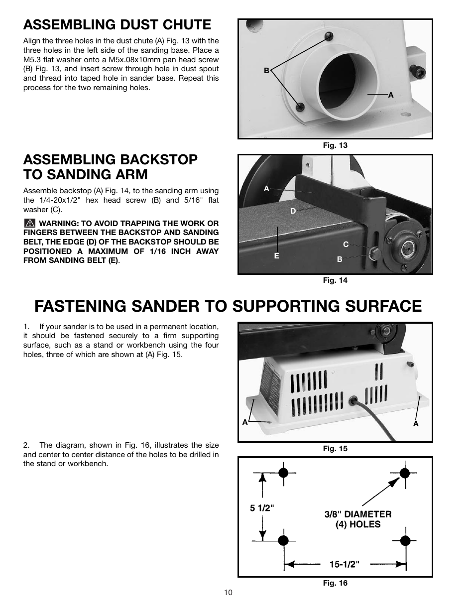 Fastening sander to supporting surface, Assembling dust chute, Assembling backstop to sanding arm | Delta SA446 User Manual | Page 10 / 20