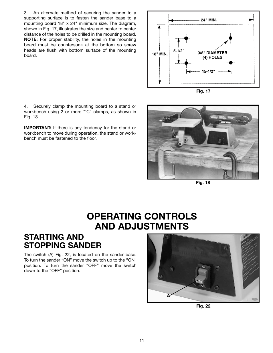 Operating controls and adjustments, Starting and stopping sander | Delta SA446 User Manual | Page 11 / 20