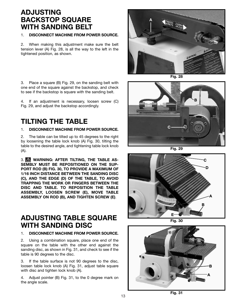 Adjusting backstop square with sanding belt, Tilting the table, Adjusting table square with sanding disc | Delta SA446 User Manual | Page 13 / 20