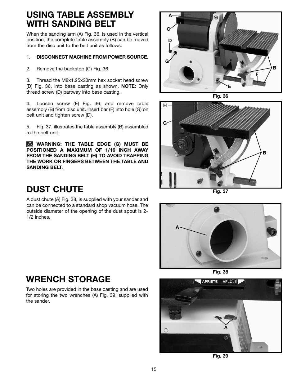 Using table assembly with sanding belt, Dust chute, Wrench storage | Delta SA446 User Manual | Page 15 / 20