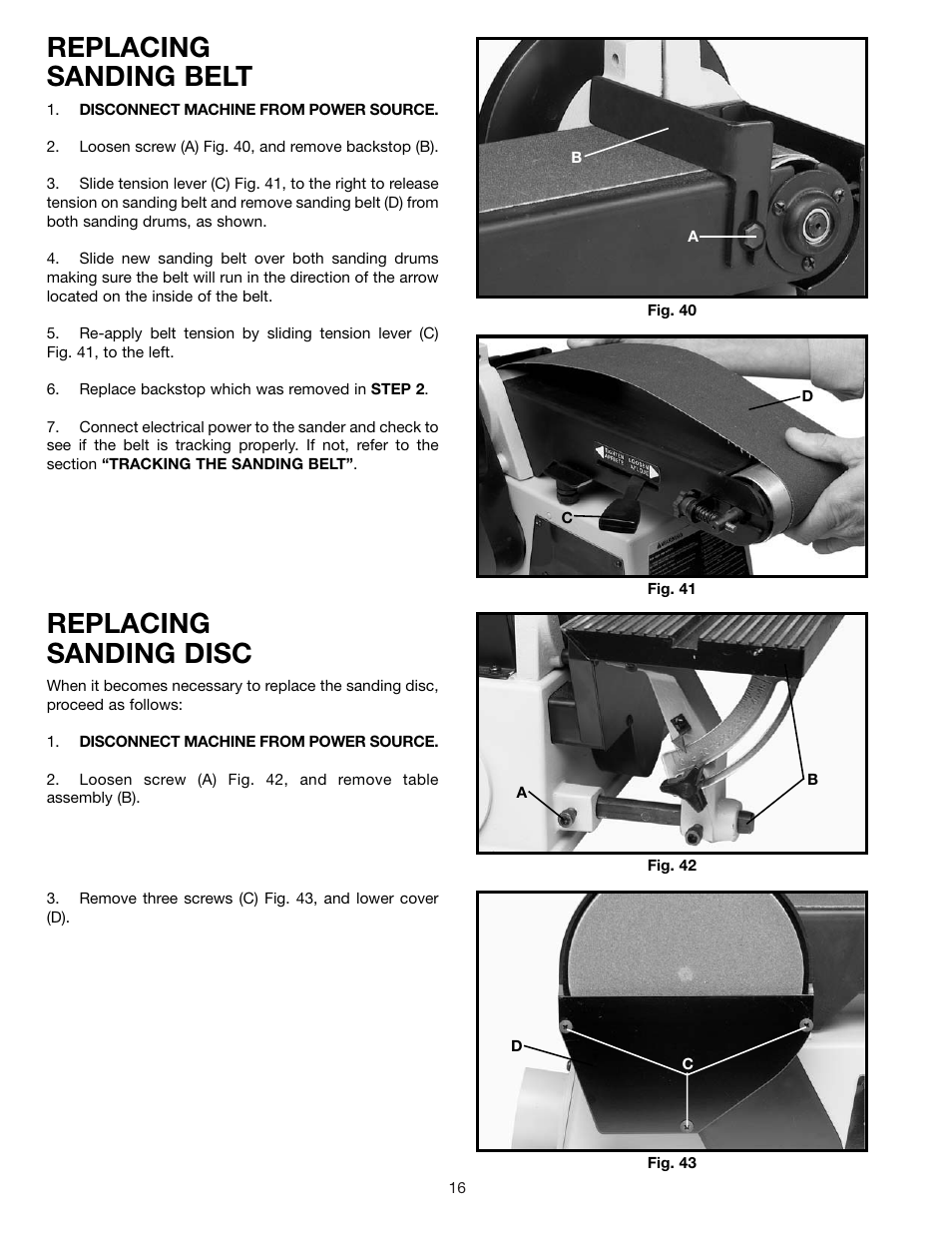 Replacing sanding belt, Replacing sanding disc | Delta SA446 User Manual | Page 16 / 20