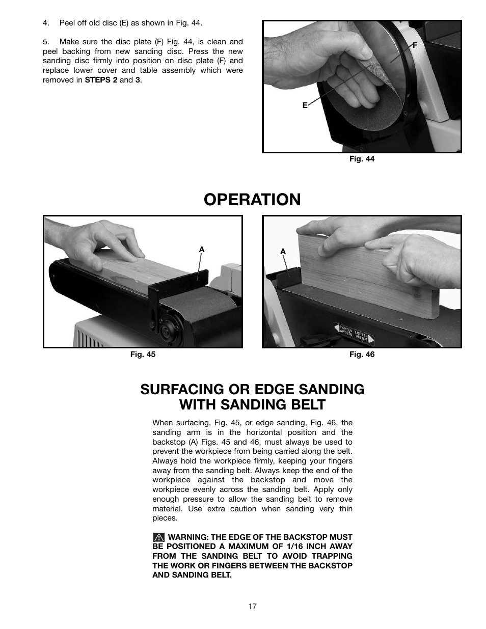 Operation, Surfacing or edge sanding with sanding belt | Delta SA446 User Manual | Page 17 / 20