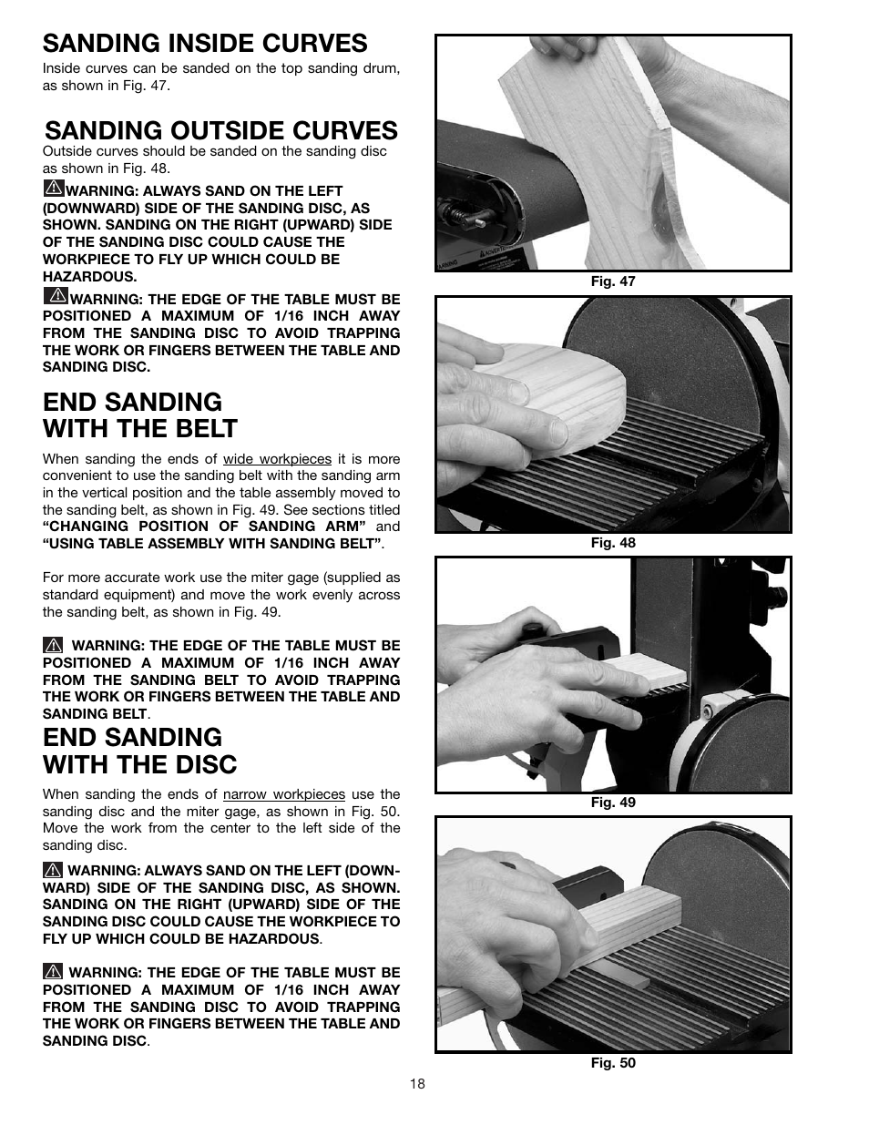 Sanding inside curves, Sanding outside curves, End sanding with the belt | End sanding with the disc | Delta SA446 User Manual | Page 18 / 20