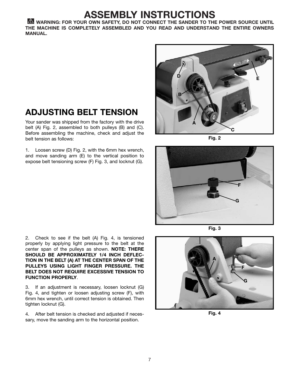 Assembly instructions, Adjusting belt tension | Delta SA446 User Manual | Page 7 / 20