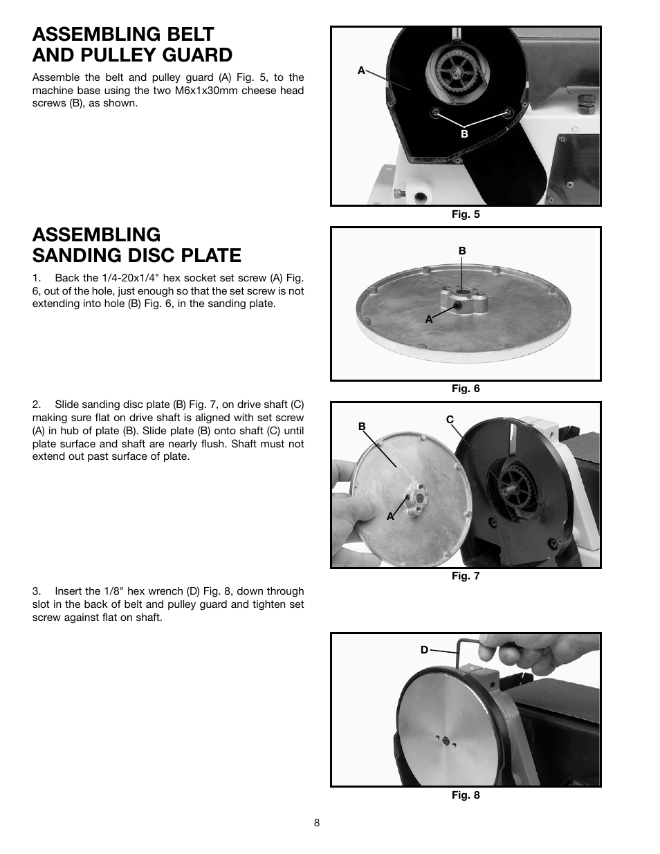 Assembling belt and pulley guard, Assembling sanding disc plate | Delta SA446 User Manual | Page 8 / 20