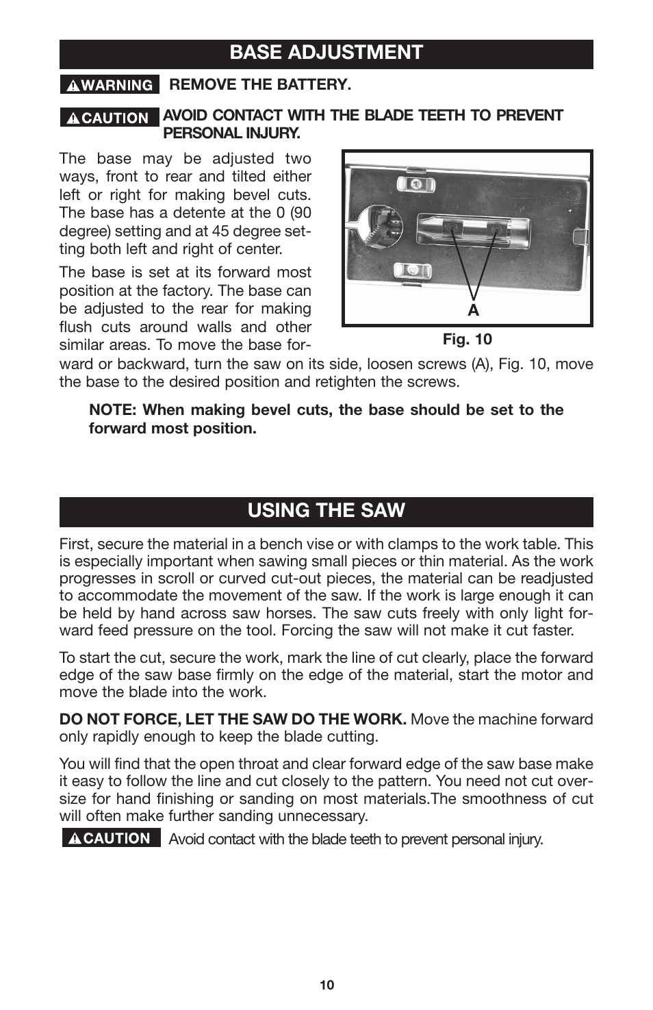 Base adjustment, Using the saw | Delta CL180JS User Manual | Page 10 / 15