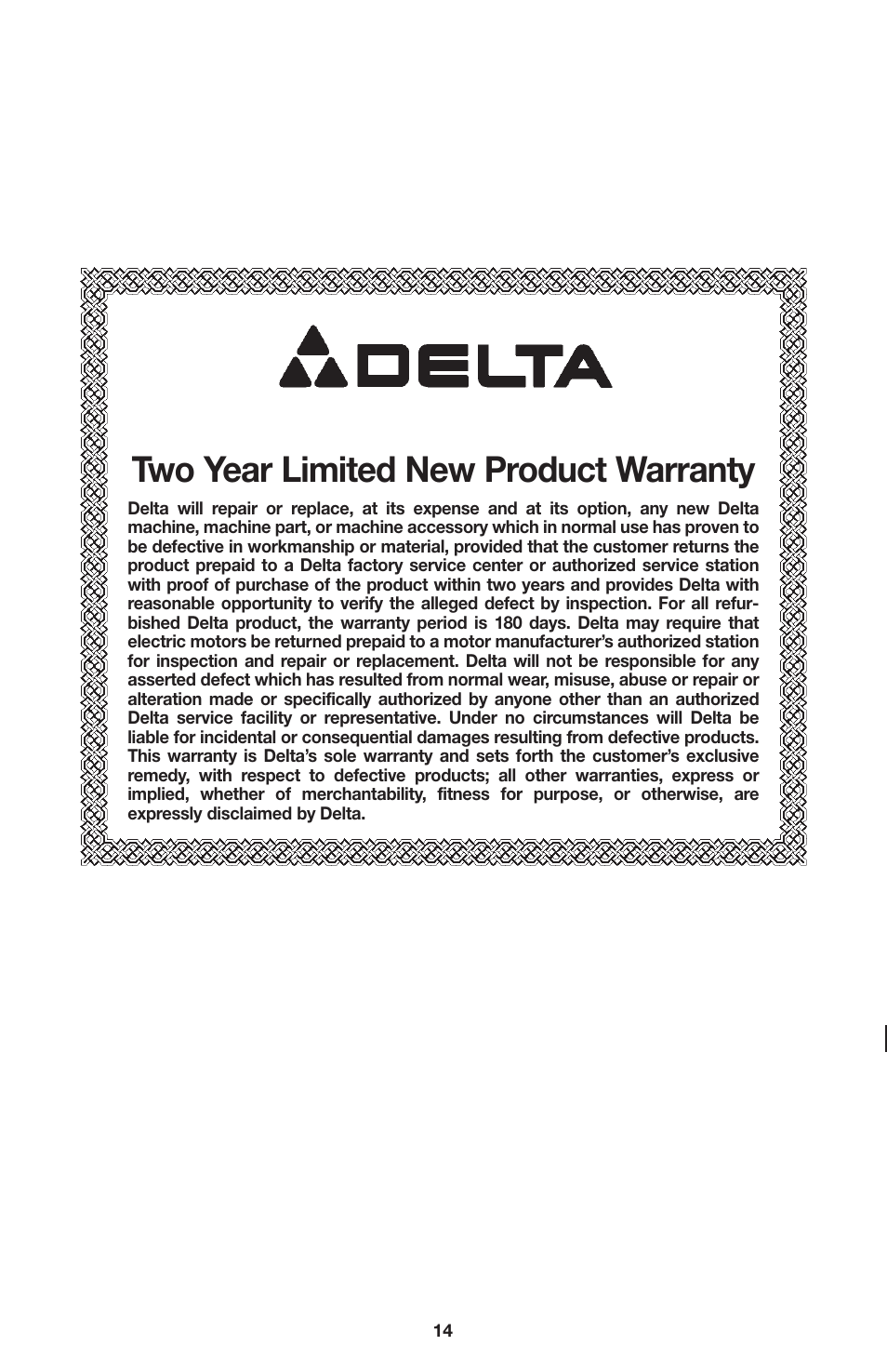 Two year limited new product warranty | Delta CL180JS User Manual | Page 14 / 15