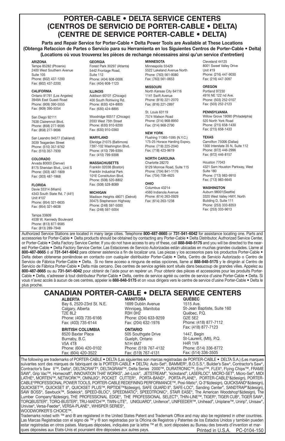 Canadian porter-cable • delta service centers | Delta CL180JS User Manual | Page 15 / 15