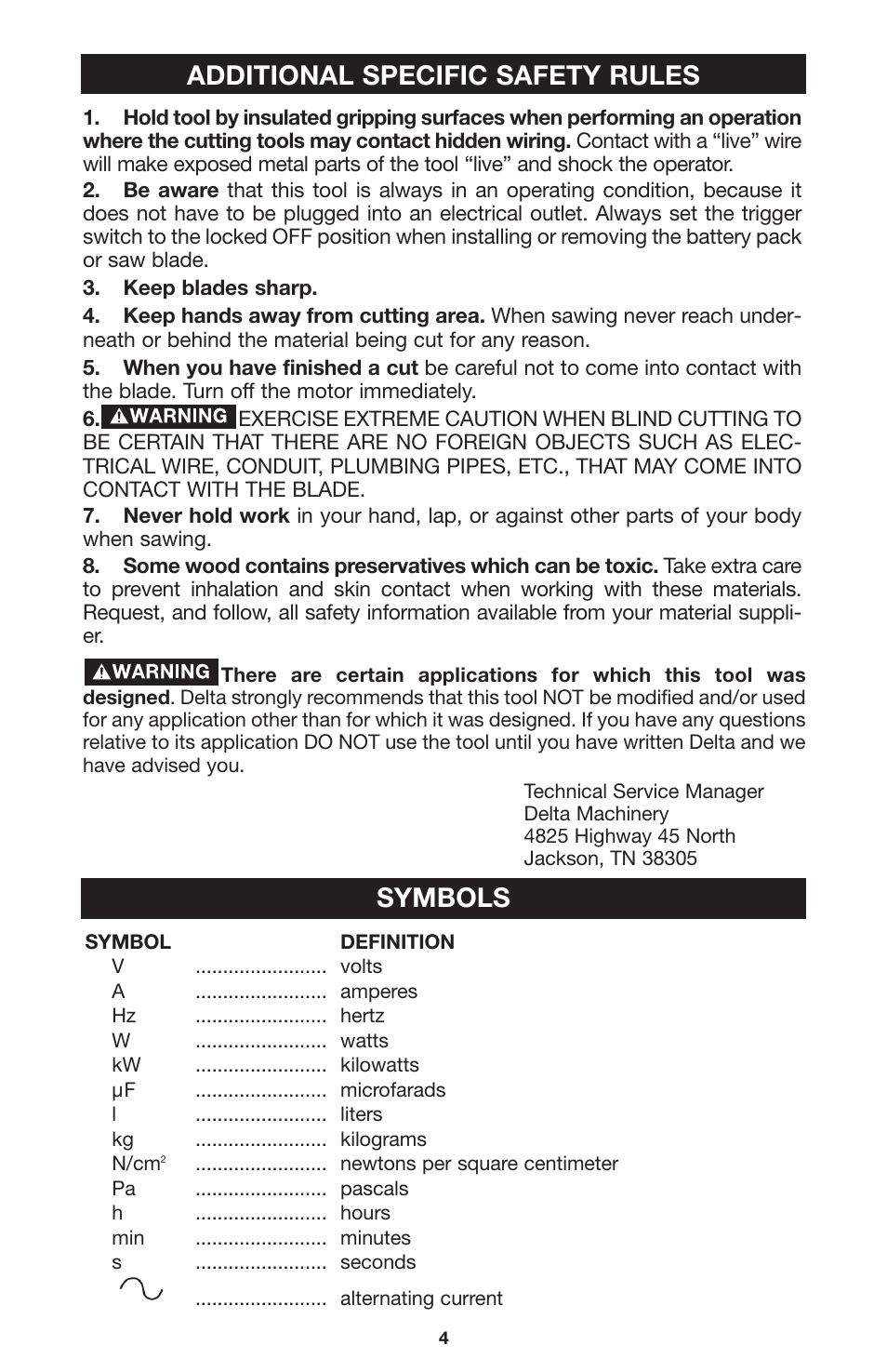 Additional specific safety rules, Symbols | Delta CL180JS User Manual | Page 4 / 15