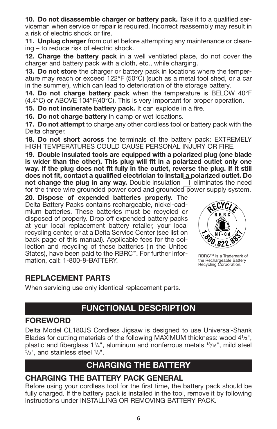 Functional description, Charging the battery, Replacement parts | Foreword, Charging the battery pack general | Delta CL180JS User Manual | Page 6 / 15