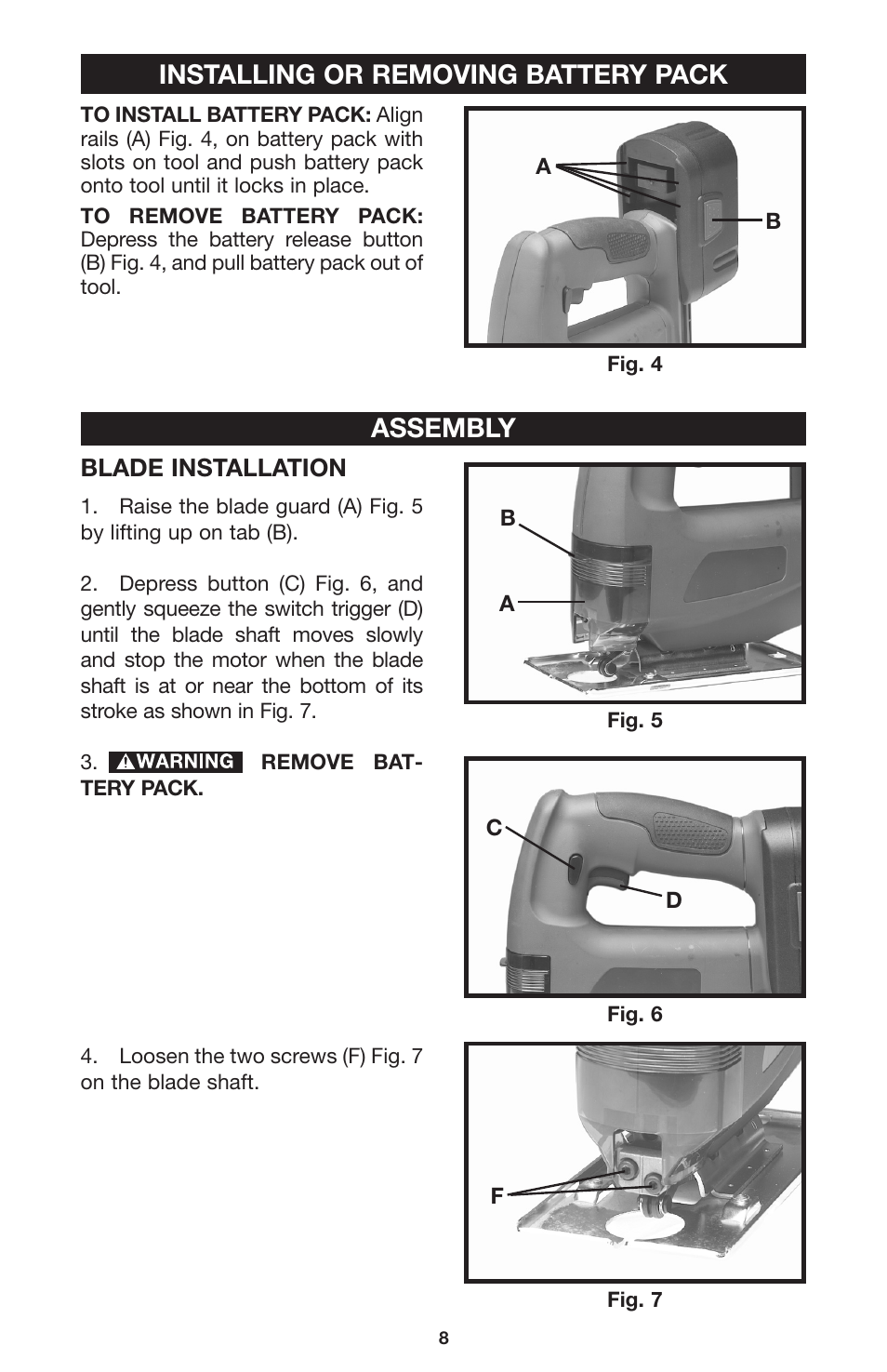 Installing or removing battery pack, Assembly | Delta CL180JS User Manual | Page 8 / 15