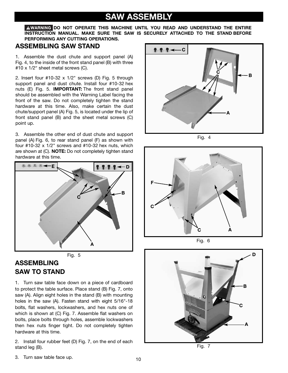 Saw assembly, Assembling saw stand, Assembling saw to stand | Delta 36-465 User Manual | Page 10 / 36