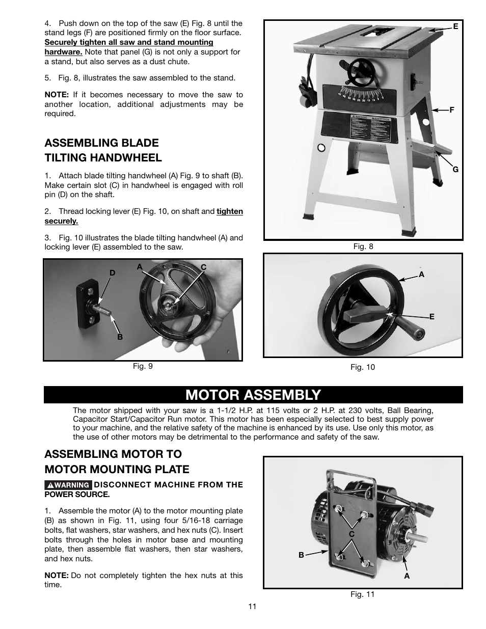 Motor assembly, Assembling motor to motor mounting plate, Assembling blade tilting handwheel | Delta 36-465 User Manual | Page 11 / 36