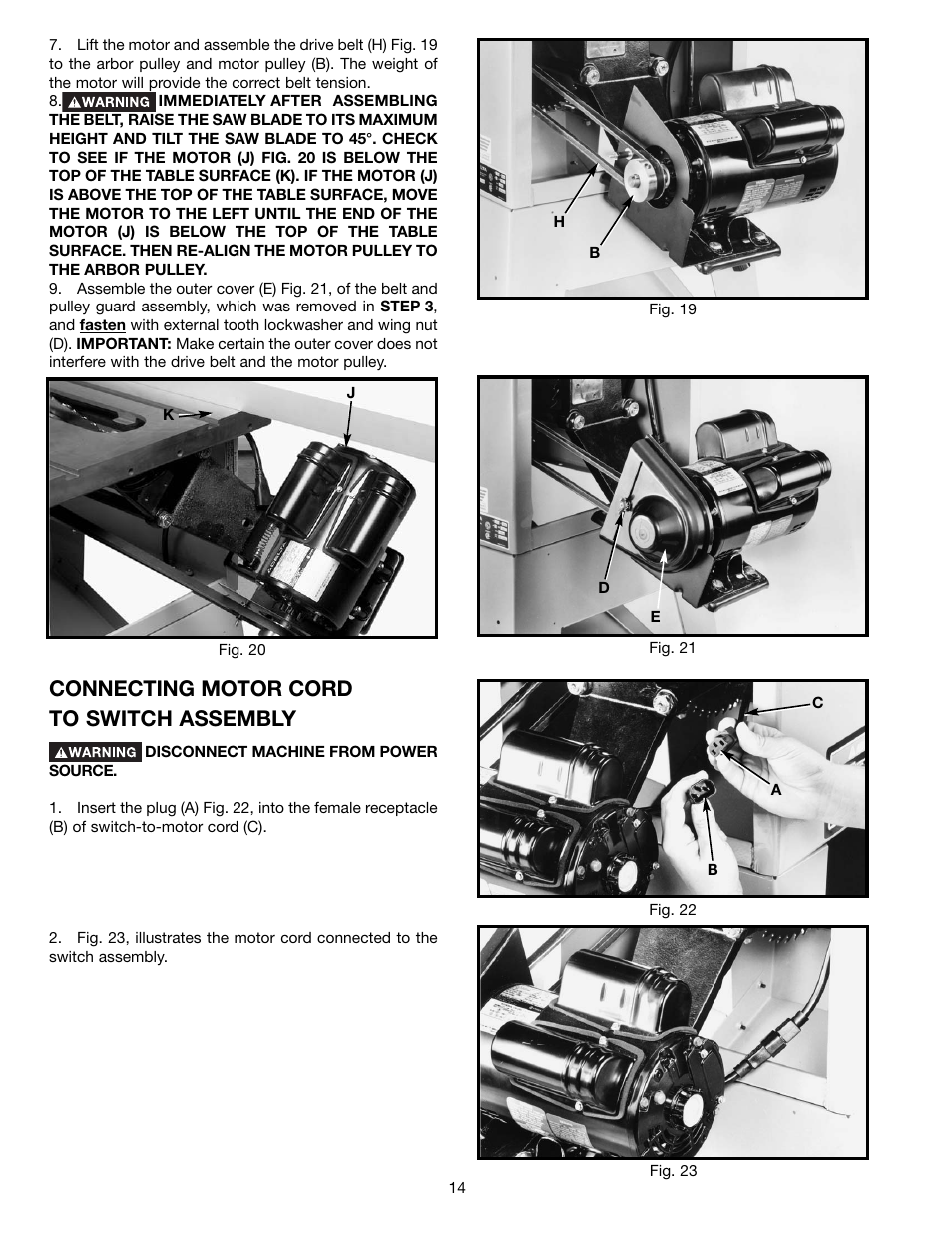 Connecting motor cord to switch assembly | Delta 36-465 User Manual | Page 14 / 36