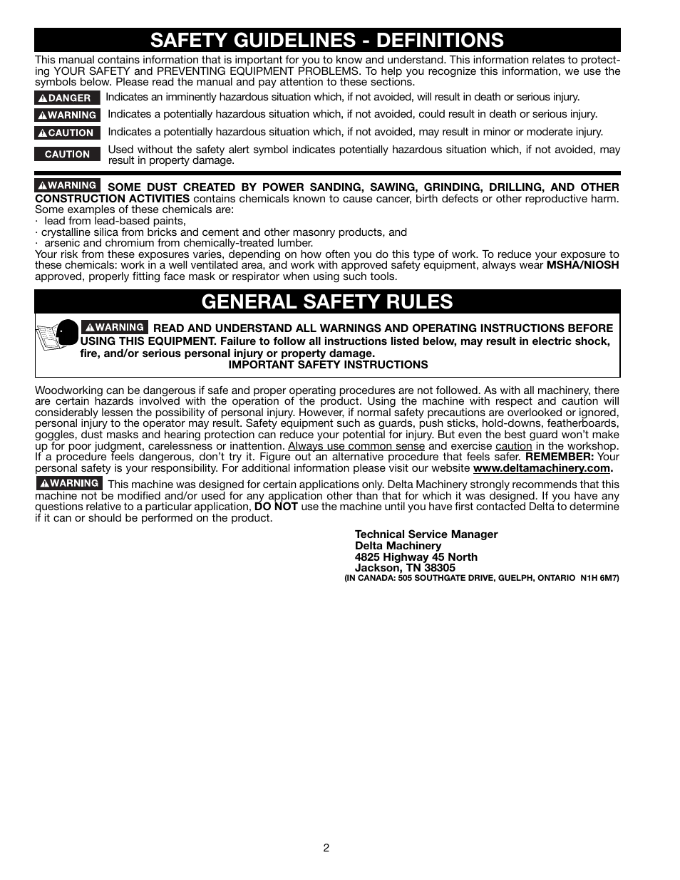 Safety guidelines - definitions, General safety rules | Delta 36-465 User Manual | Page 2 / 36