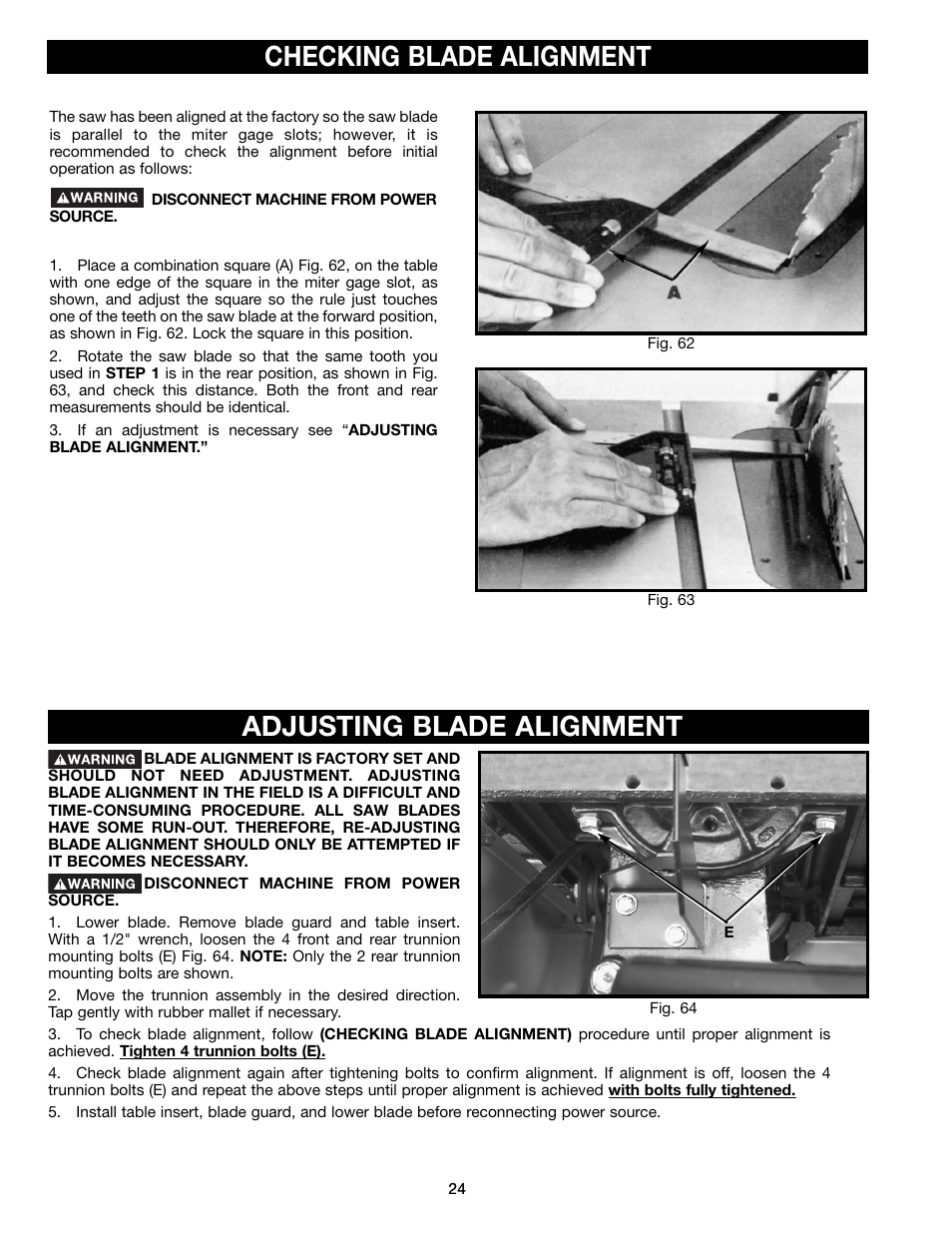 Checking blade alignment, Adjusting blade alignment | Delta 36-465 User Manual | Page 24 / 36